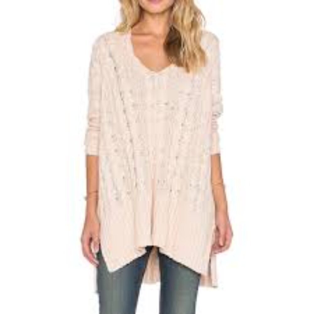 ✅ Free People Easy Cable V Neck Sweater LIGHT PINK SIZE XS OVERSIZED